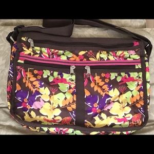 Brown and multi-colored floral print bag